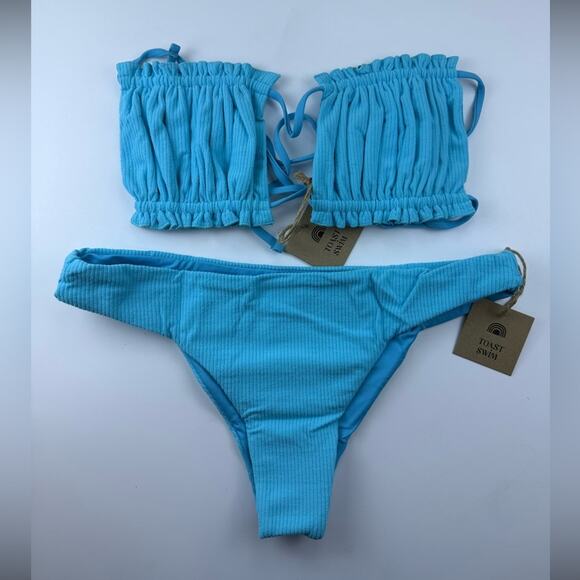 NWT Free People x Toast Bikini Set Bandeau Top Low Rise Bottom Turquoise  Rib M - Picture 1 of 11